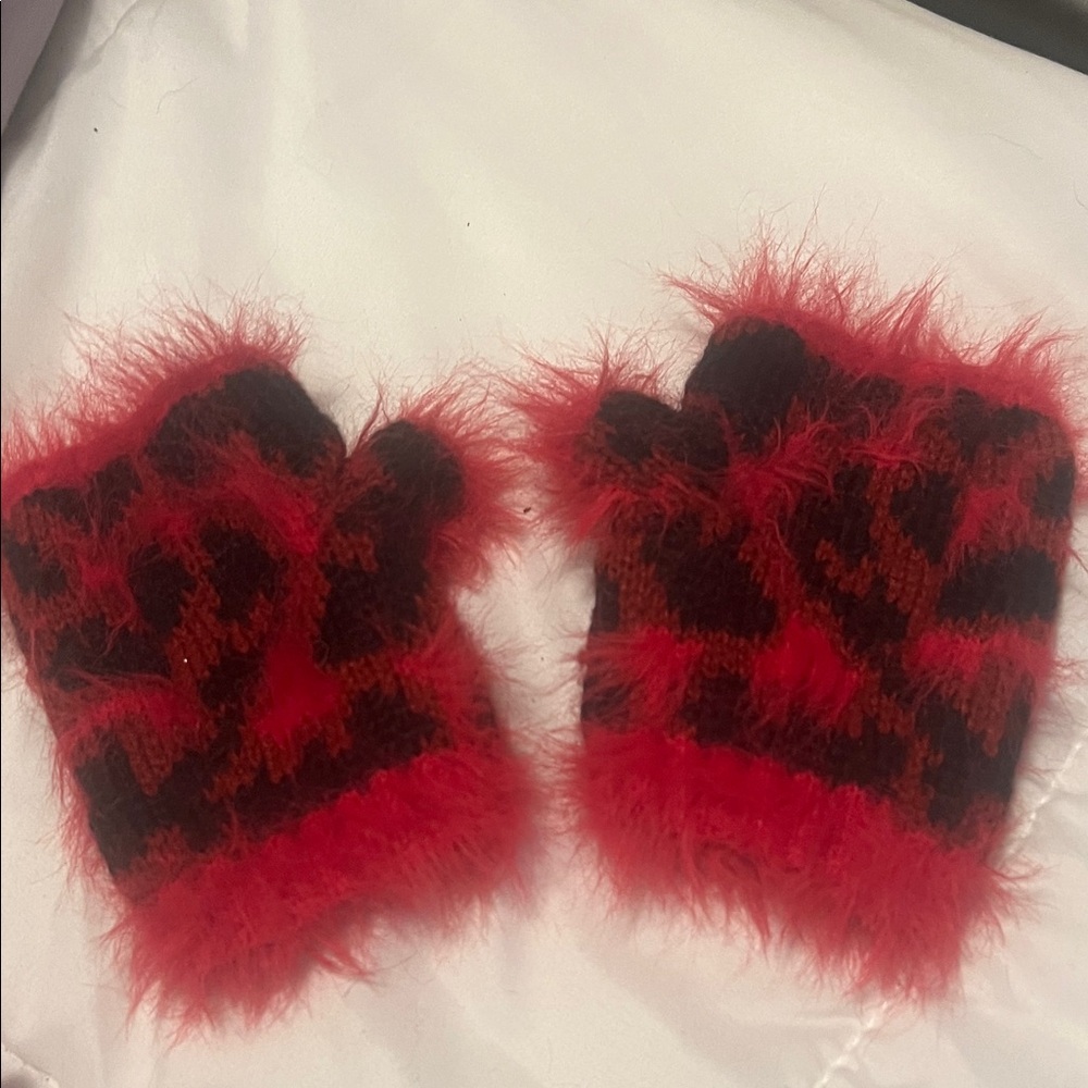 DKNY Red and Black Fuzzy Gloves